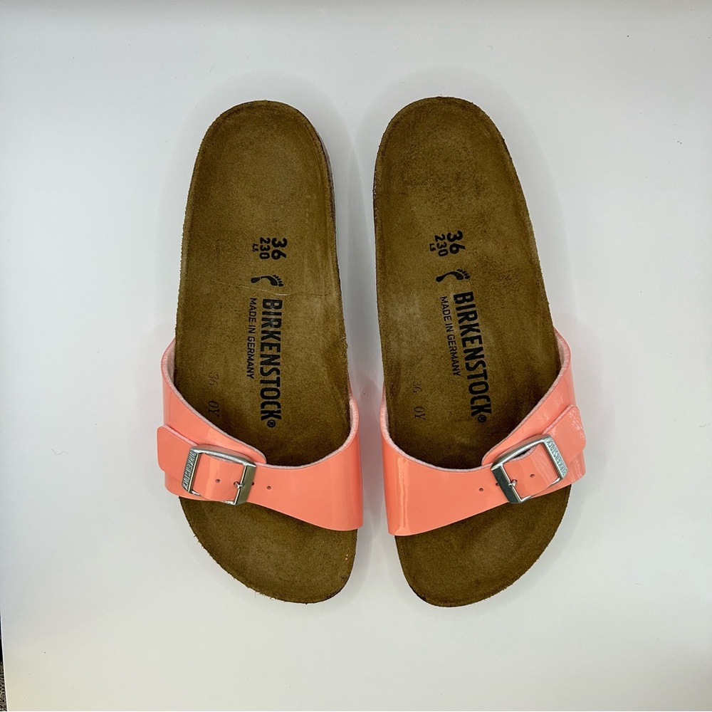 Birkenstock Madrid in Patent Coral Peach
